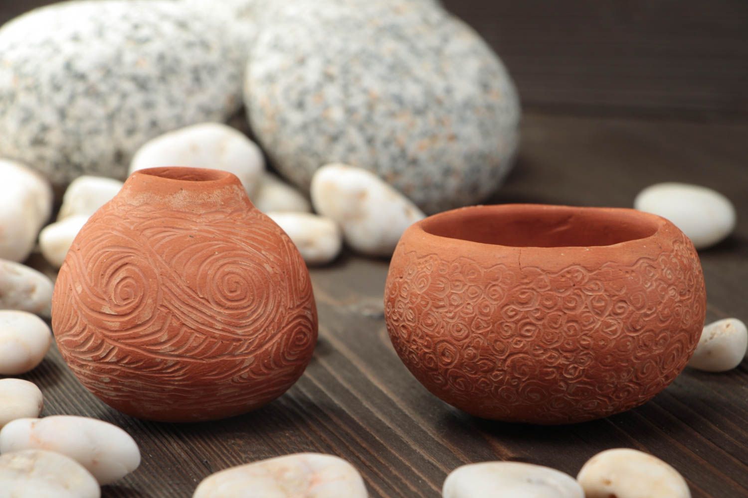 Set of red clay handmade 2,5 inches pot and vase 2 oz, 0,22 lb photo 1