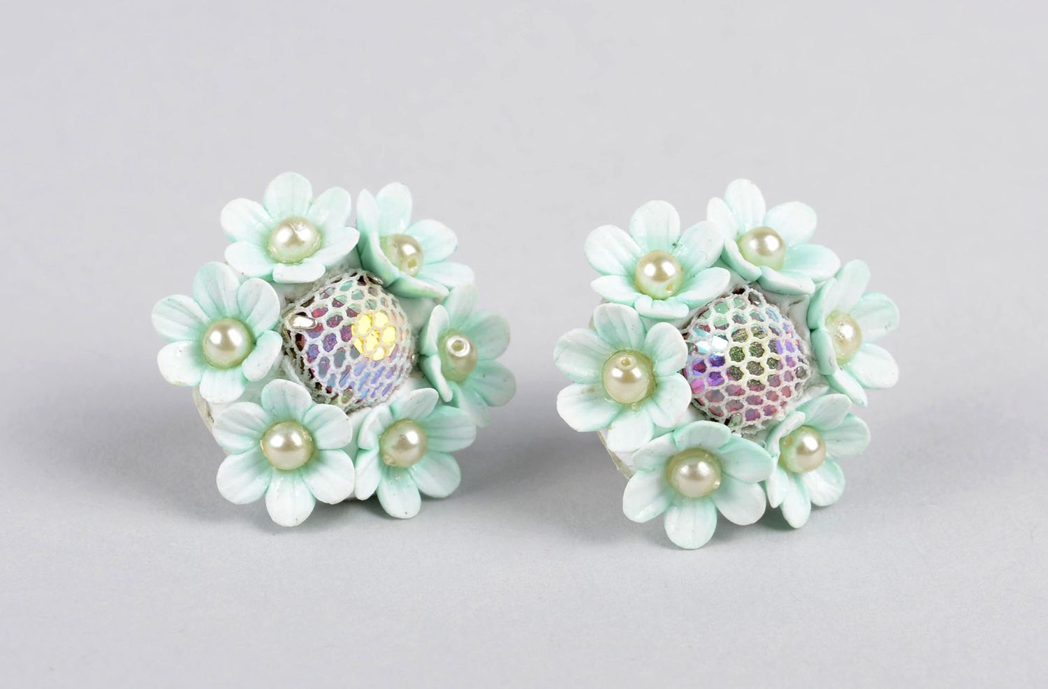 Handmade stud earrings made of polymer clay plastic earrings flower jewelry photo 1