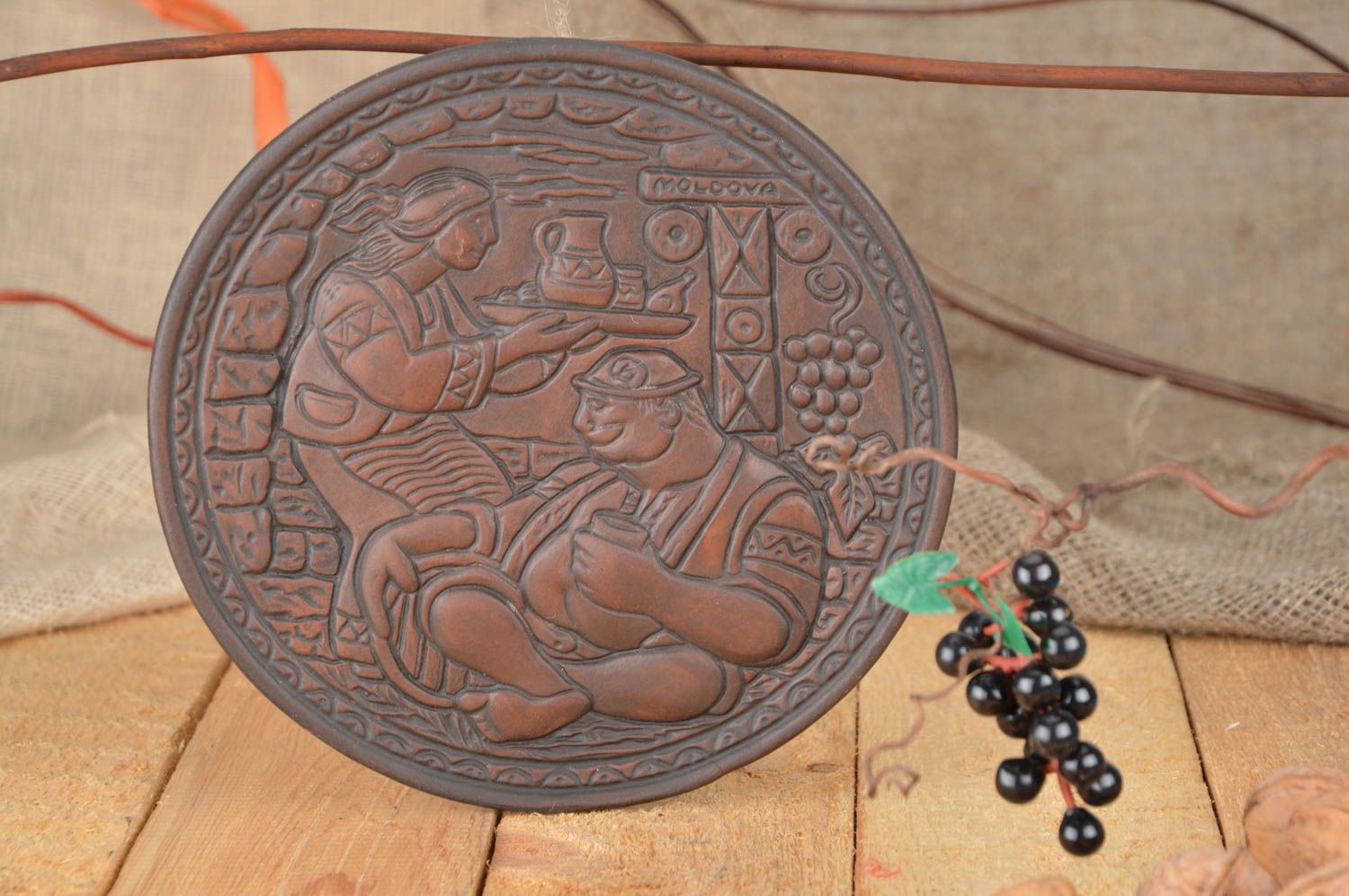 Decorative handmade round wall hanging dark brown ceramic plate in ethnic style photo 1