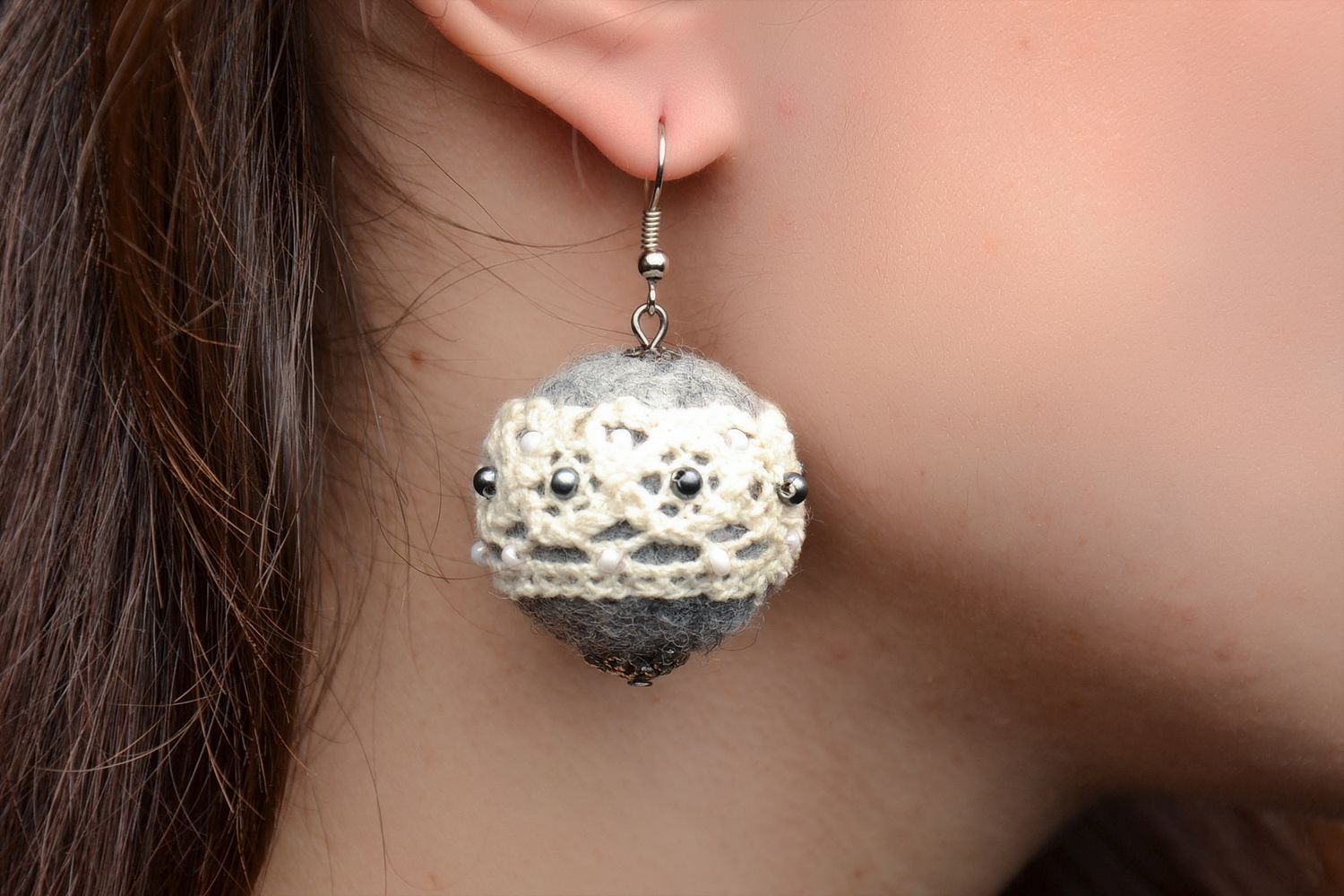 Wool felted earrings Lacy Sphere photo 2
