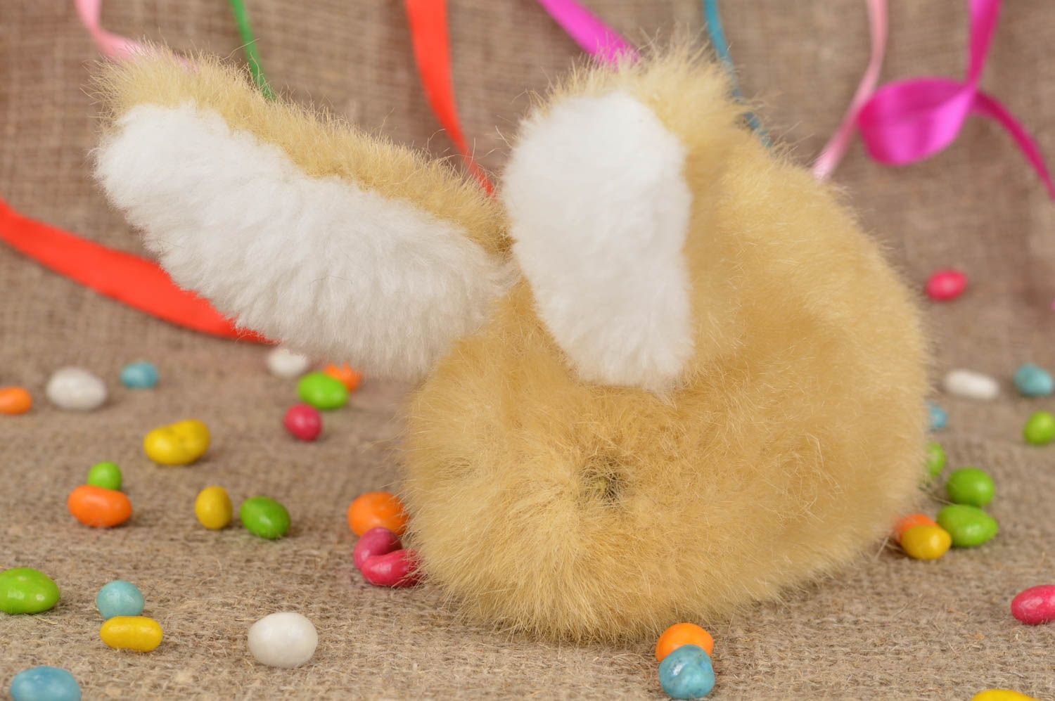 Little beige toy made of faux fur Hare handmade present for children  photo 1