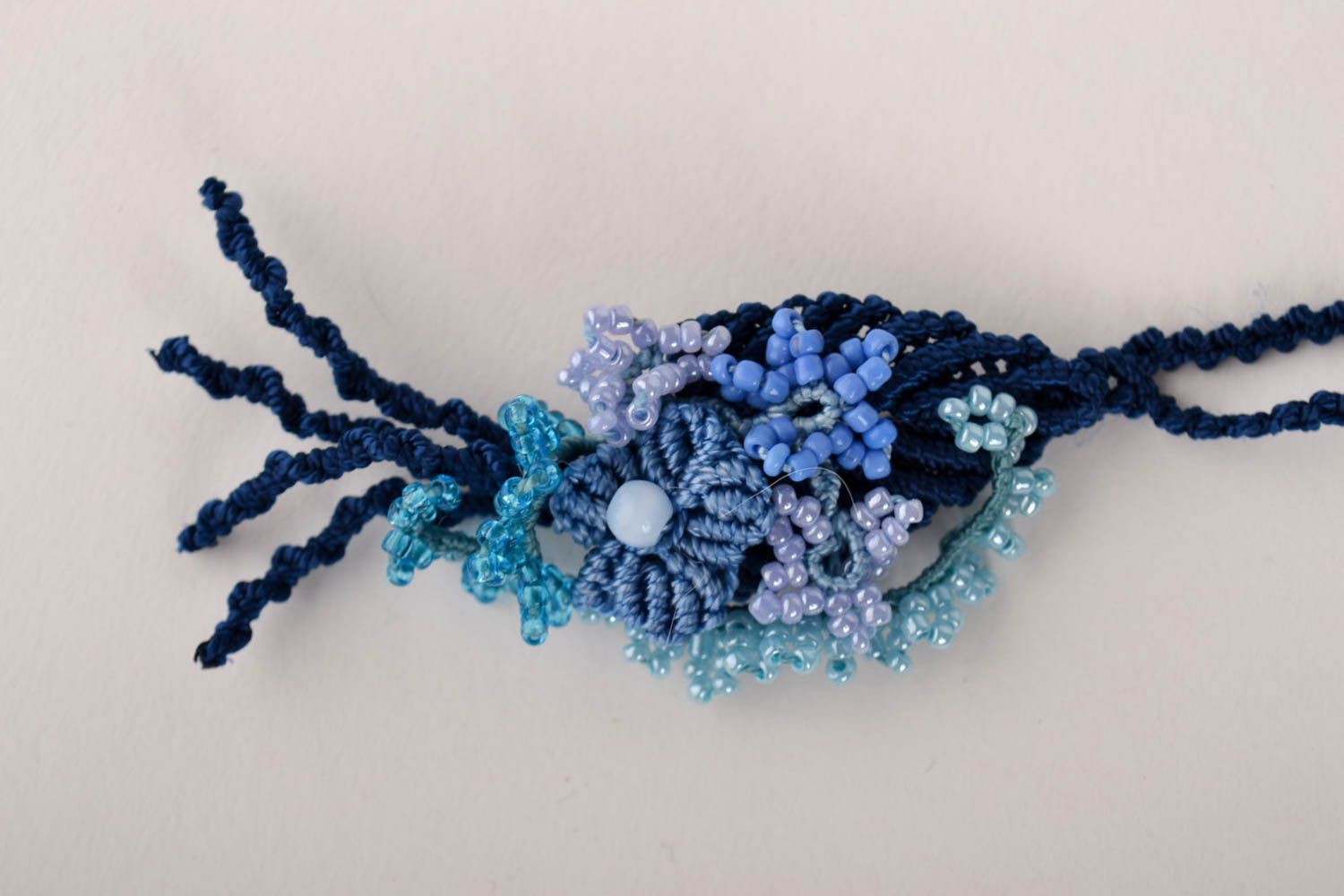 Makramee Anhänger handgefertigt Collier Halskette Damen Modeschmuck in Blau foto 3