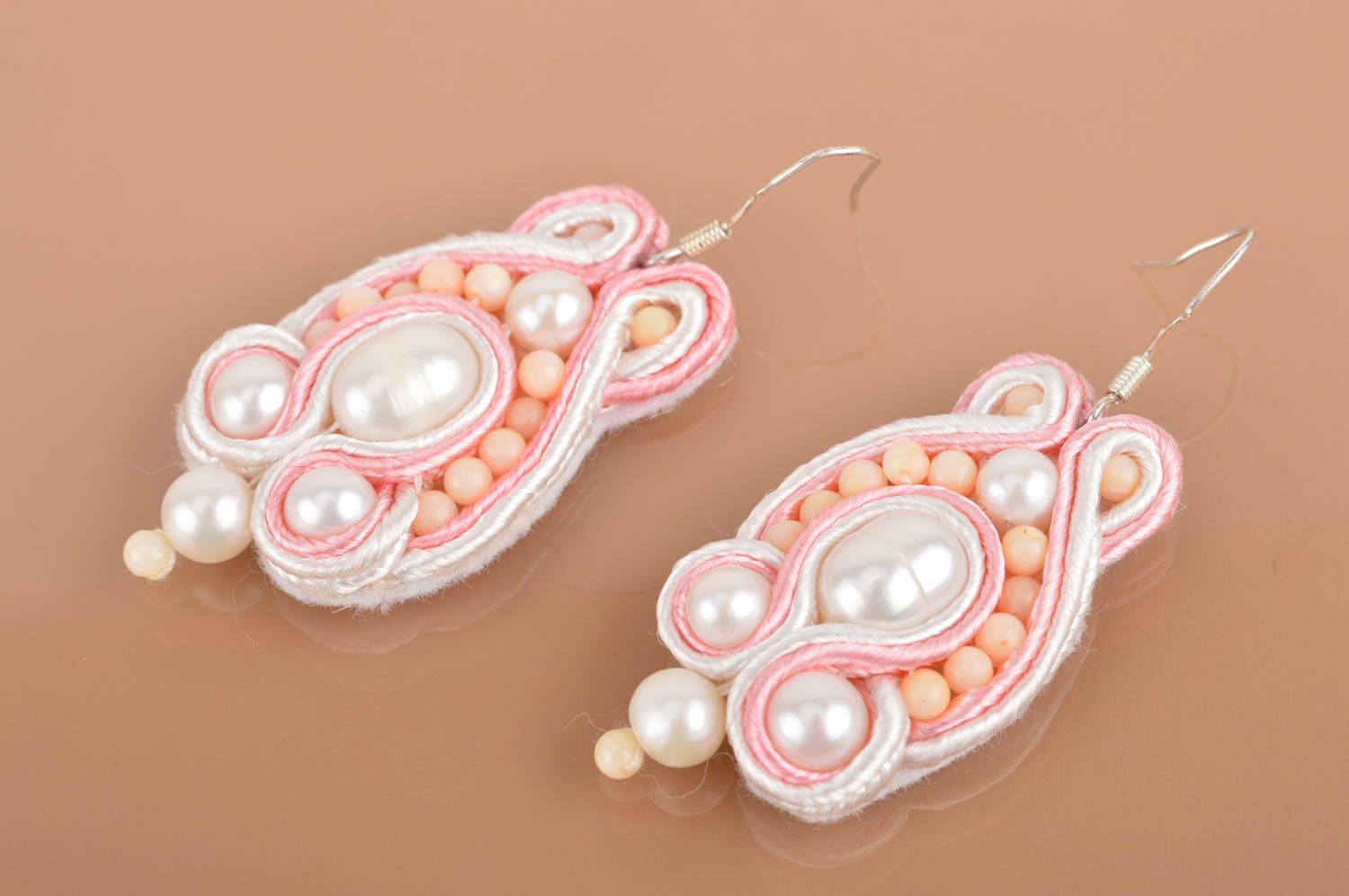 Unusual beautiful gentle handmade designer fabric soutache earrings with beads photo 2