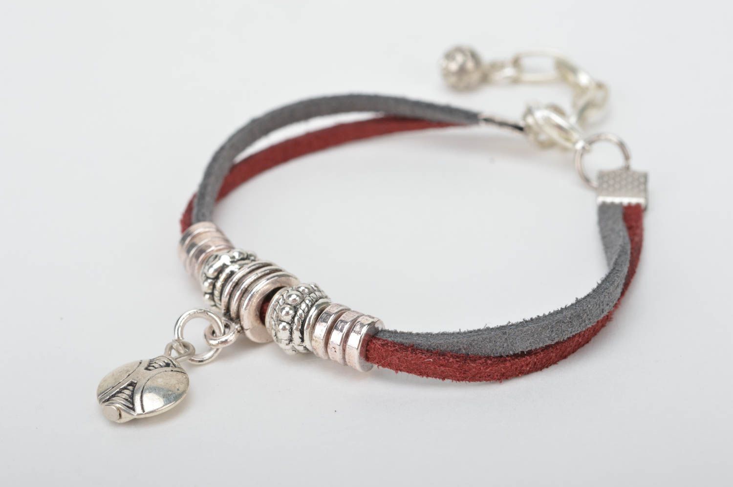 Handmade stylish cute grey and vinous unusual suede cord bracelet with beads photo 5