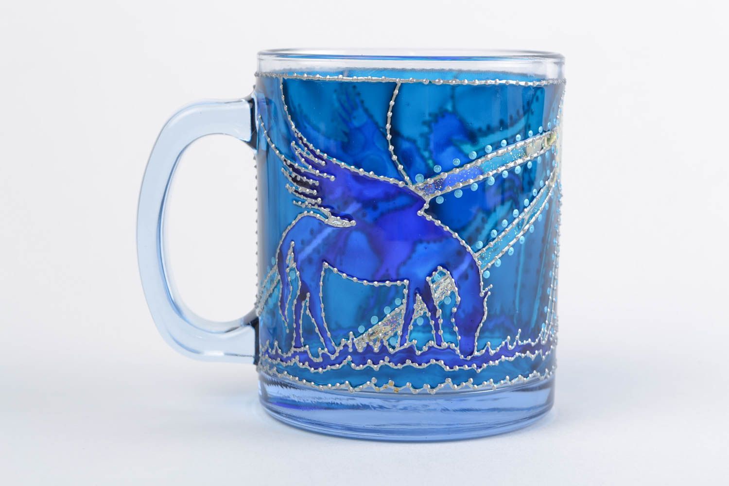 Ice blue clear glass coffee mug with handle and hand-painted pattern photo 3