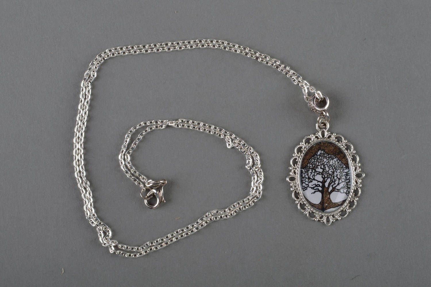 Handmade vintage decoupage pendant necklace with jewelry resin on chain Tree photo 1