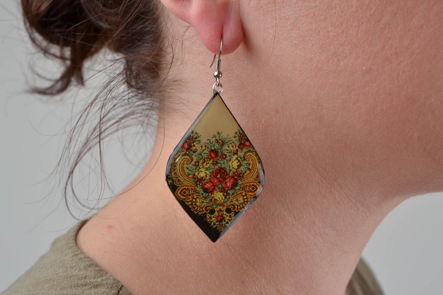 Beautiful handmade designer polymer clay earrings with decoupage elegant jewelry photo 5