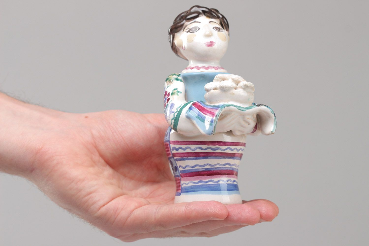 Handmade miniature decorative ceramic statuette of woman with dish photo 5