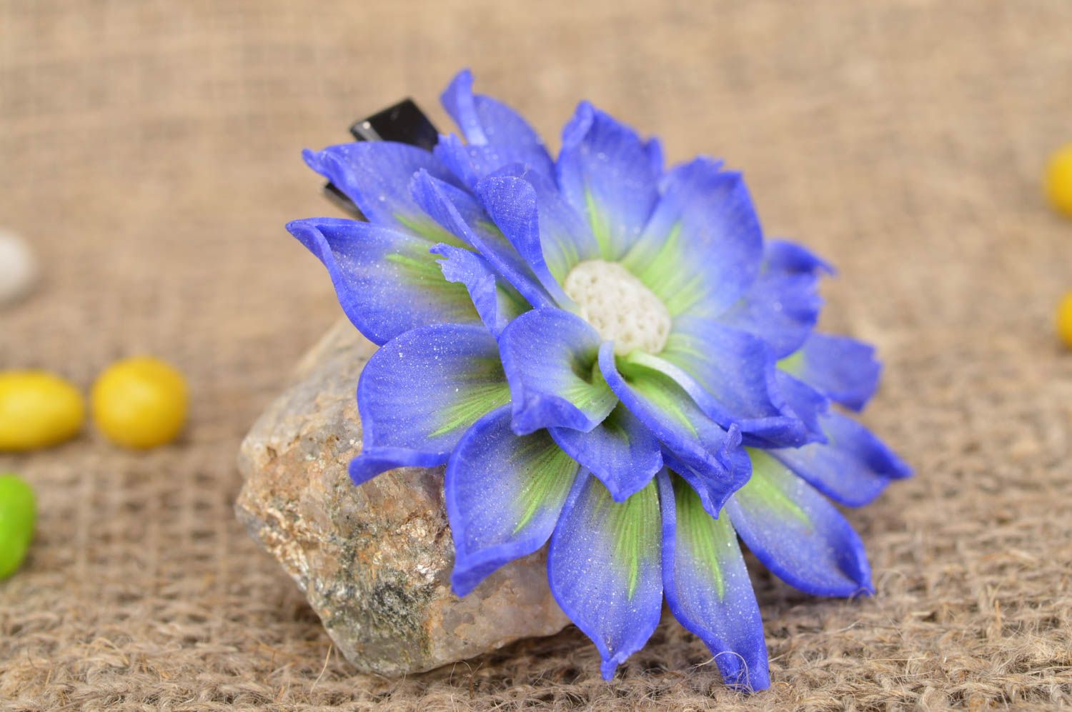 Handmade designer metal hair clip with polymer clay blue flower Chrysanthemum photo 1