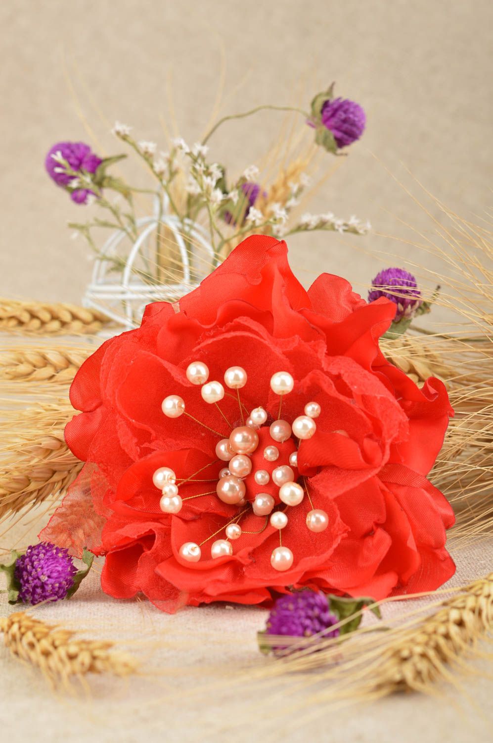 Pinza para el pelo hecha a mano broche artesanal regalo original Flor roja foto 1