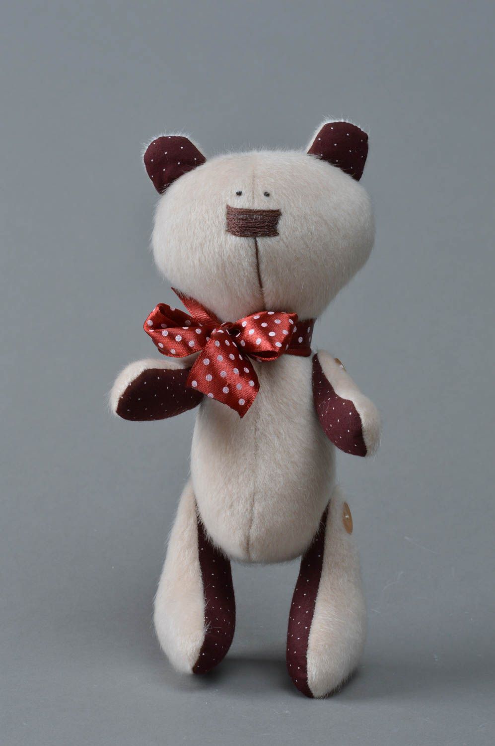 Handmade faux fur and cotton fabric soft toy bear with red satin bow tie photo 3