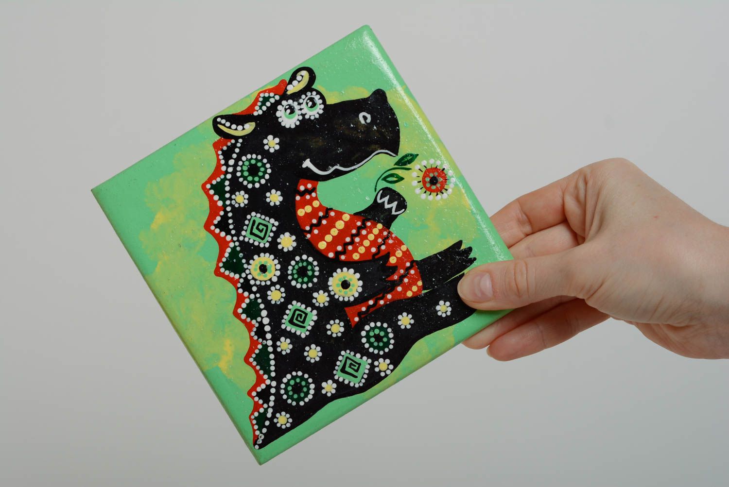 Petit tableau carré peint à l'acrylique en panneau de fibres fait main dragon photo 5