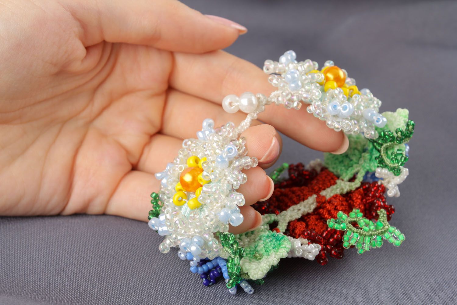 Bracelet tressé en perles de rocaille fleurs  photo 5