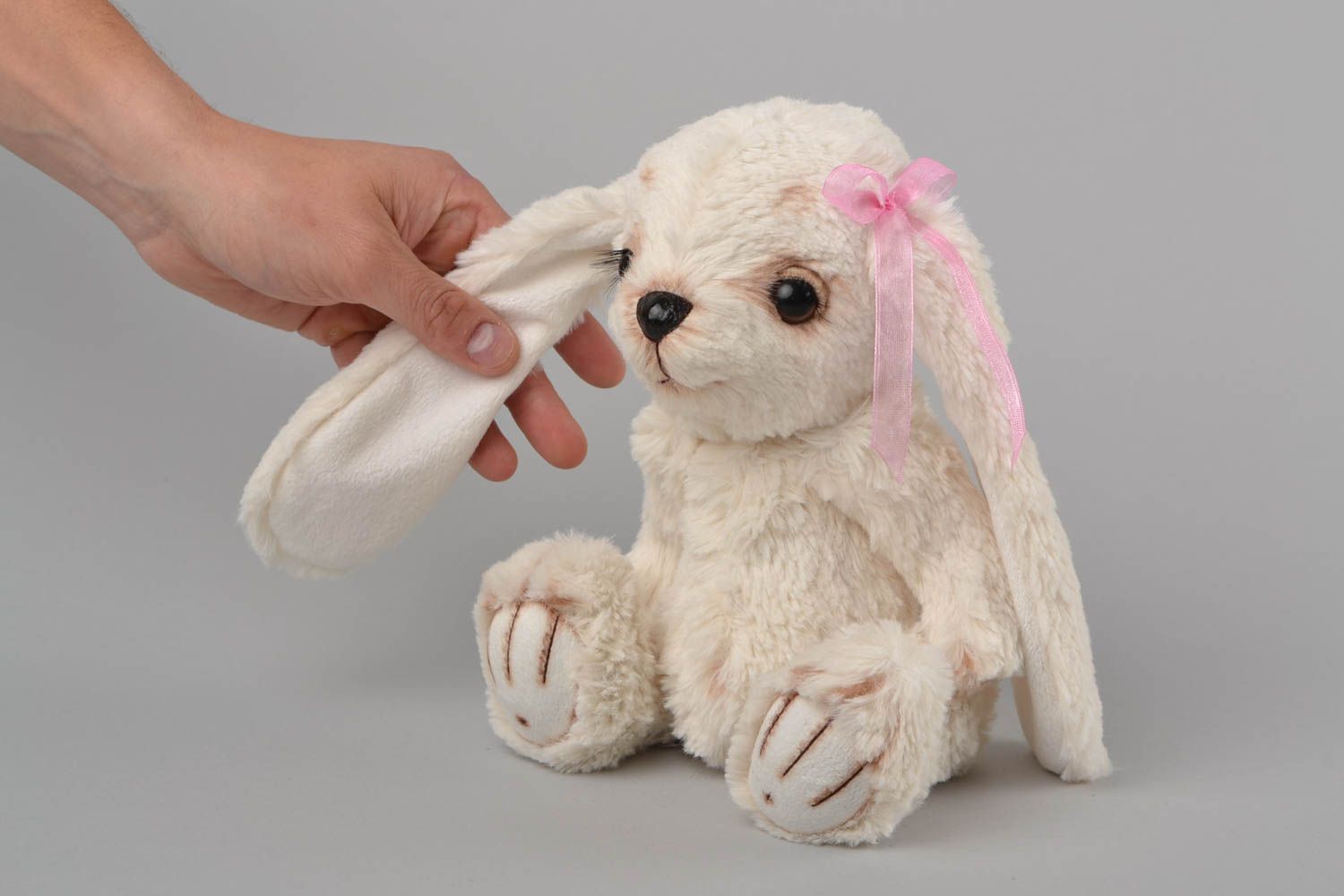 Handmade cute small faux fur soft toy light rabbit with pink organza bow photo 2