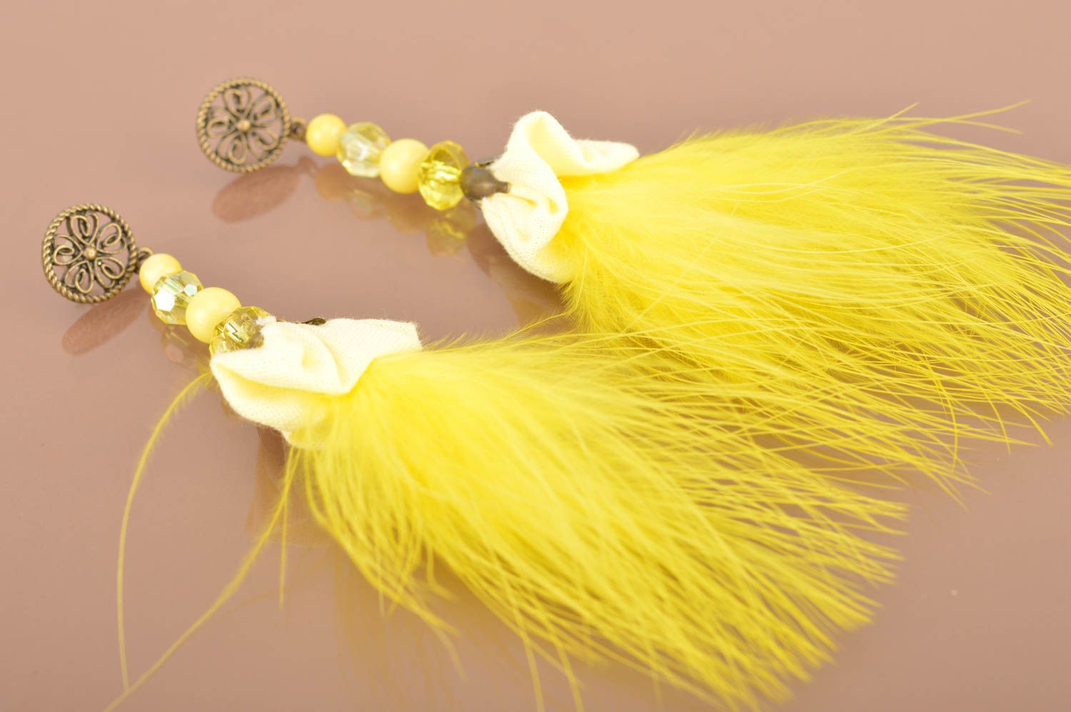Unusual cute handmade bright yellow long earrings with charms and feathers photo 2
