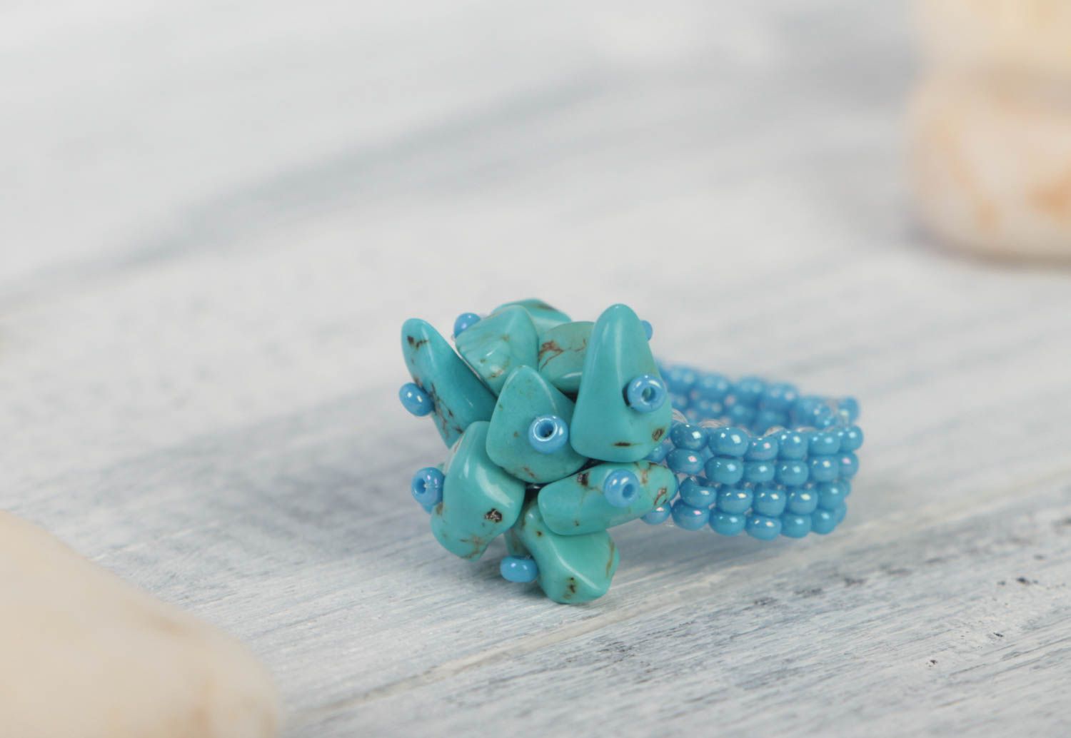 Handmade stylish ring accessory made of beads designer turquoise jewelry photo 1
