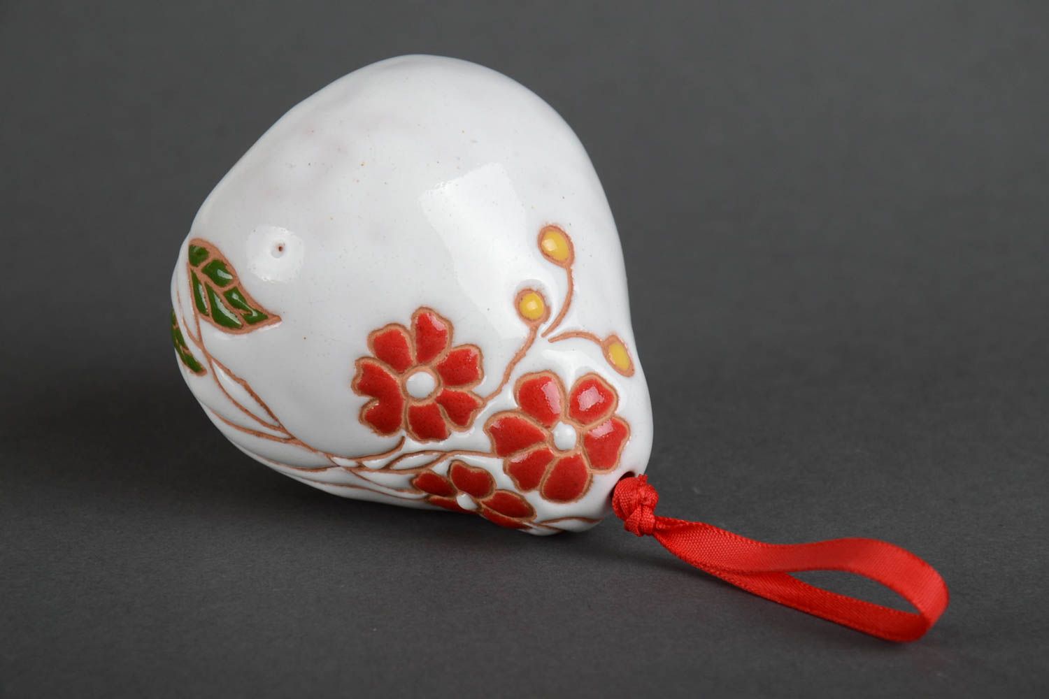 Handmade decorative pottery ceramic white bell with red flowers on red ribbon photo 4