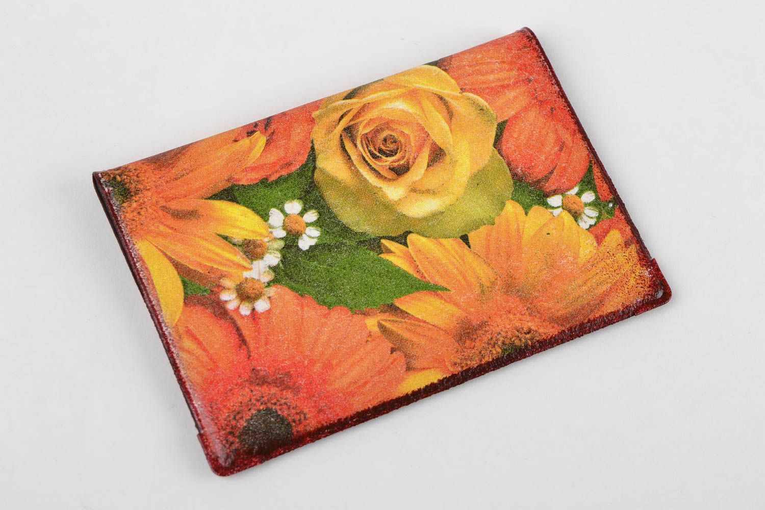 Handmade faux leather passport cover with saturated decoupage floral image photo 4