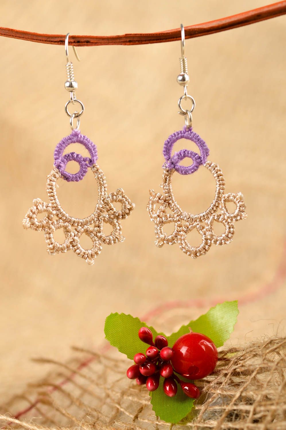Unusual handmade textile earrings woven thread earrings beautiful jewellery photo 1
