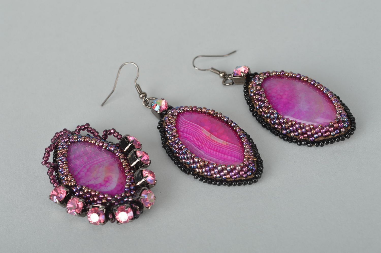 Pendentif et boucles d'oreilles Bijoux faits main violets ovales Cadeau femme photo 2