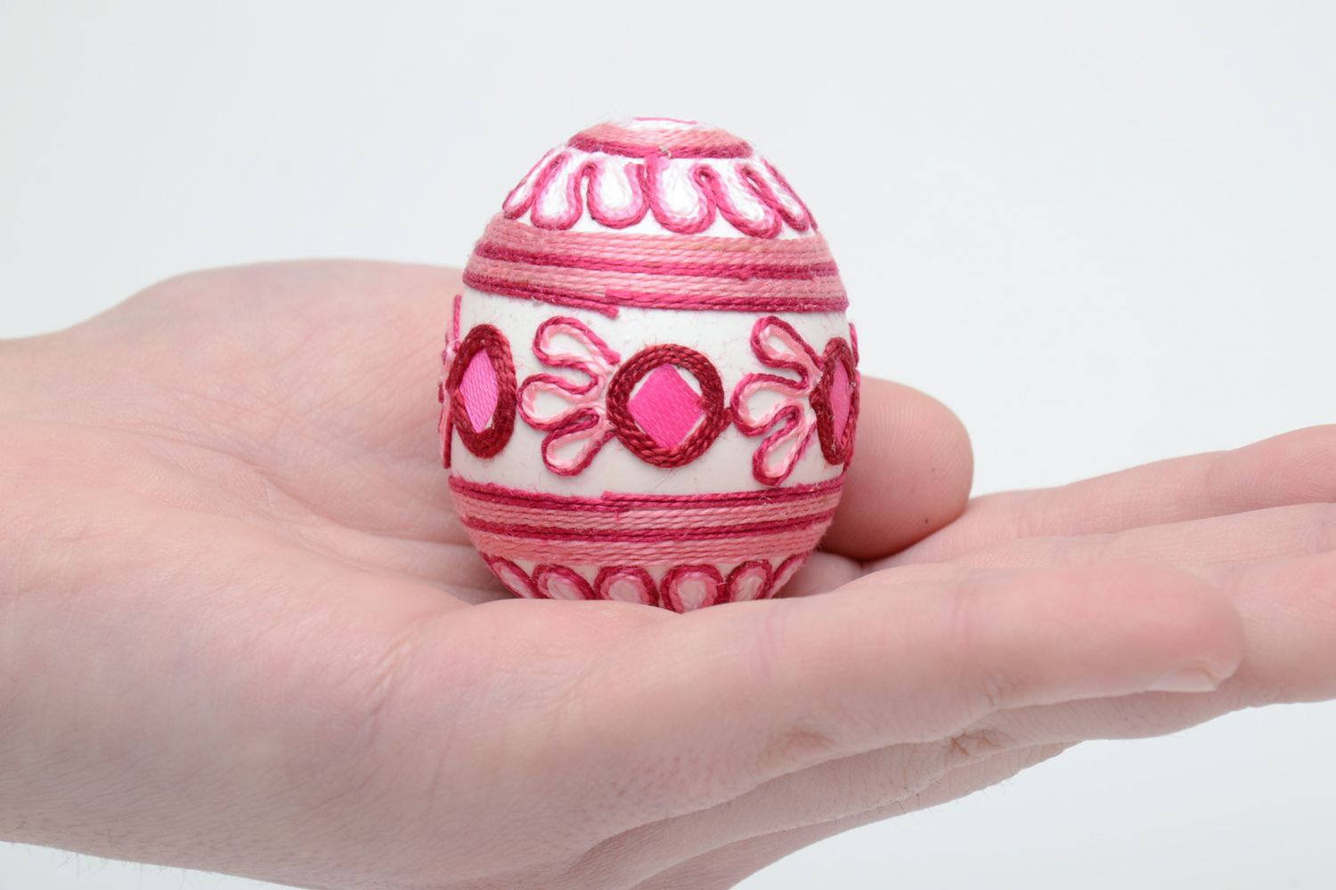 Пасхальное яйцо декоративное с орнаментом из шелковых ниток фото 5
