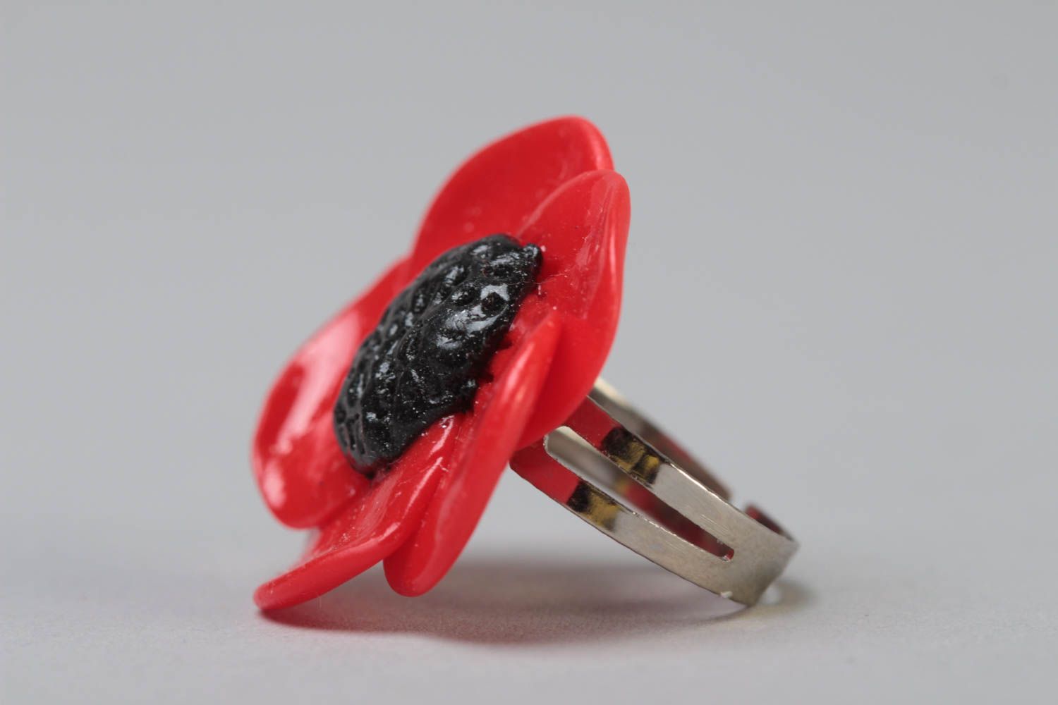 Handmade designer jewelry ring on metal basis with polymer clay red poppy flower photo 3