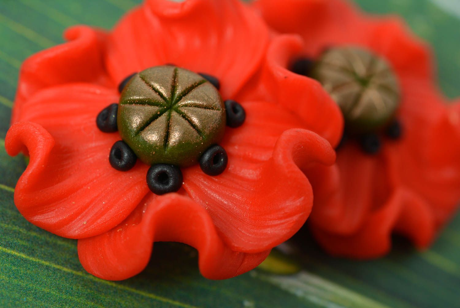Handmade polymer clay earrings Red Poppies stylish summer long accessory photo 3