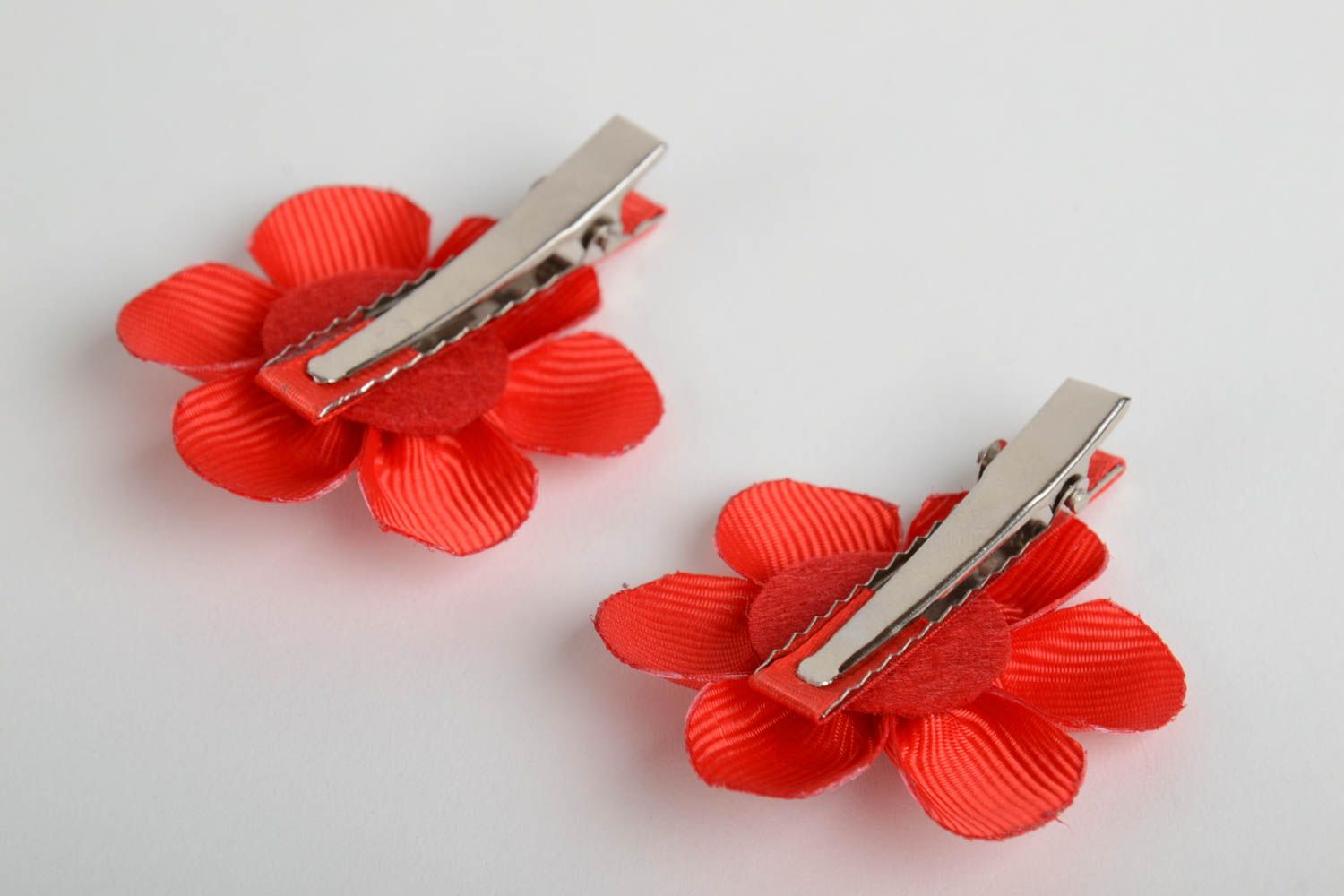 Handmade hair clips with red polka dot satin ribbon flowers set of 2 items photo 3