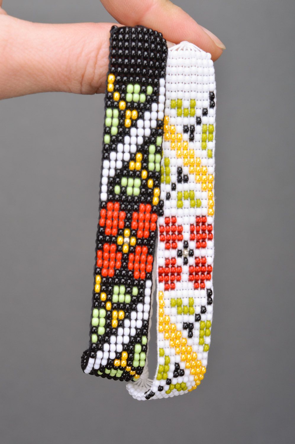 Set of homemade beaded wrist bracelets in ethnic style 2 items black and white photo 3