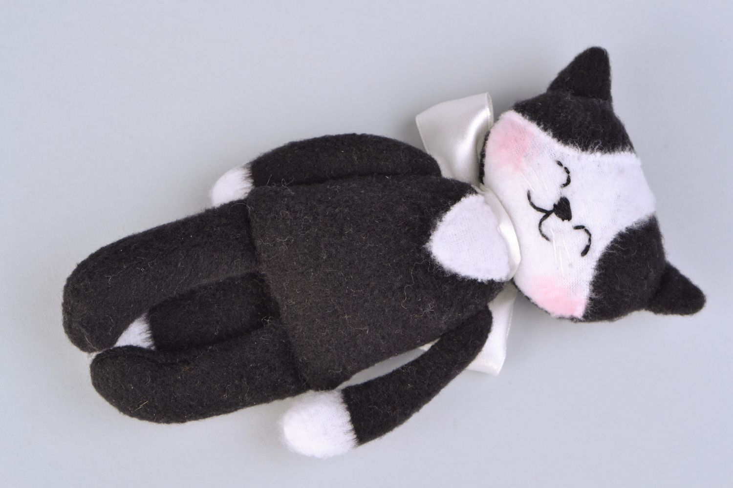 Handmade designer soft toy black and white Elegant Cat sewn of fleece for kids photo 1