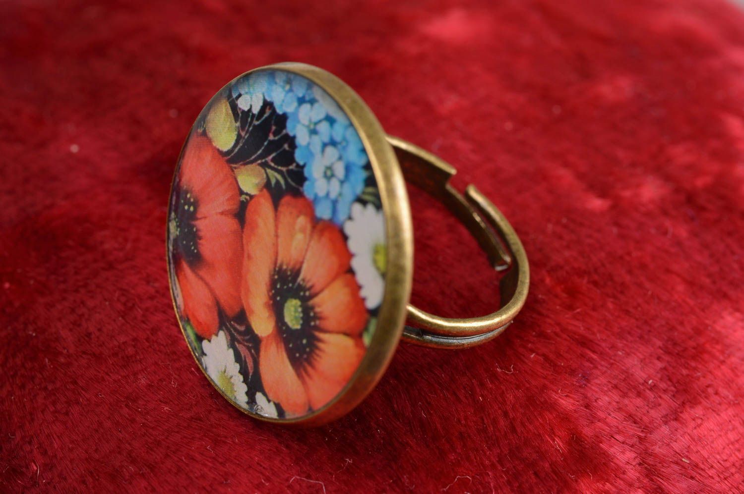 Unusual beautiful handmade decoupage ring with flower print coated with epoxy photo 1