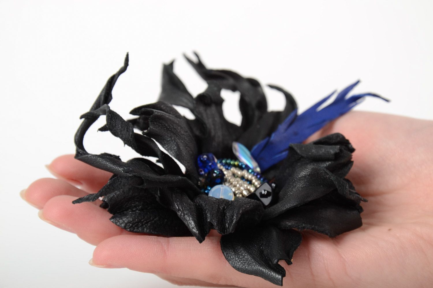 Handmade genuine leather volume flower brooch of black color with beads  photo 4