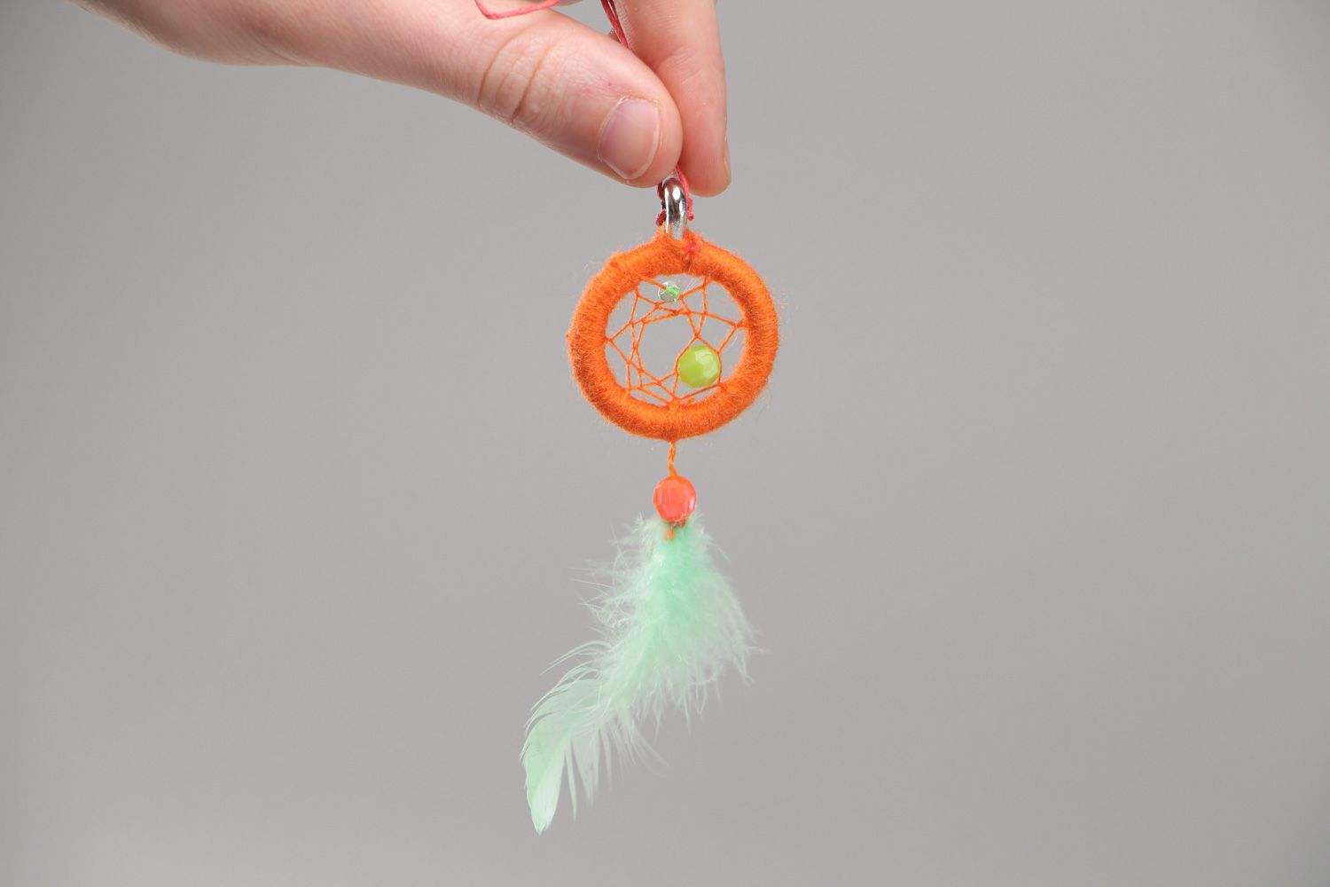 Handmade orange dreamcatcher pendant necklace with swan's down for women photo 4