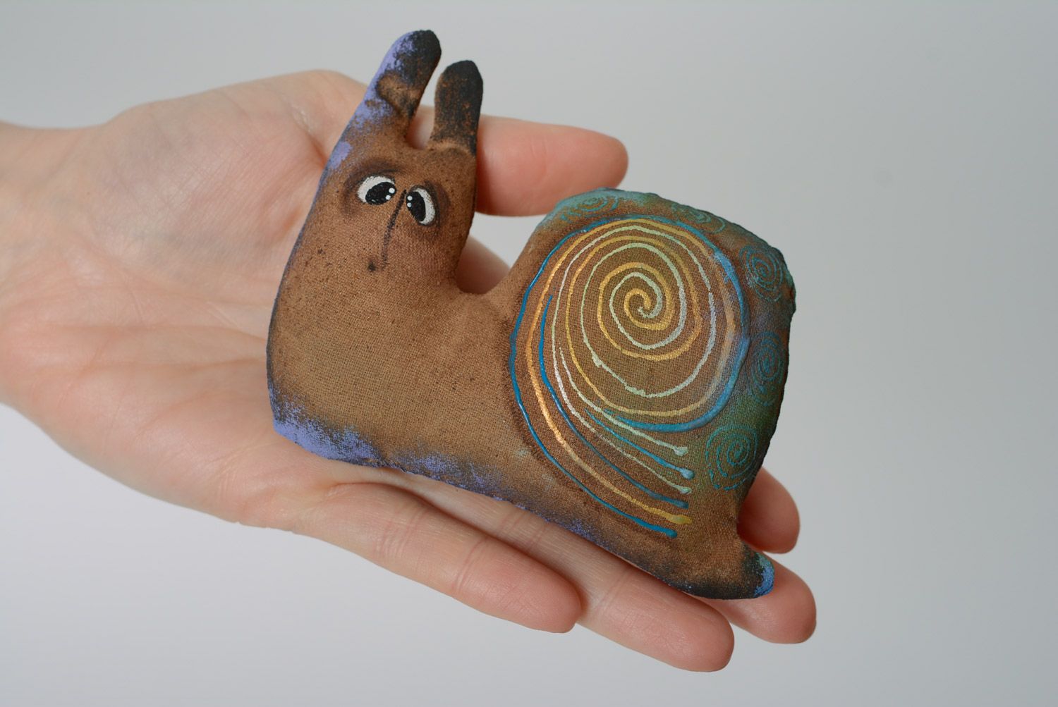 Handmade brown soft toy fridge magnet soaked with coffee brew Snail photo 3