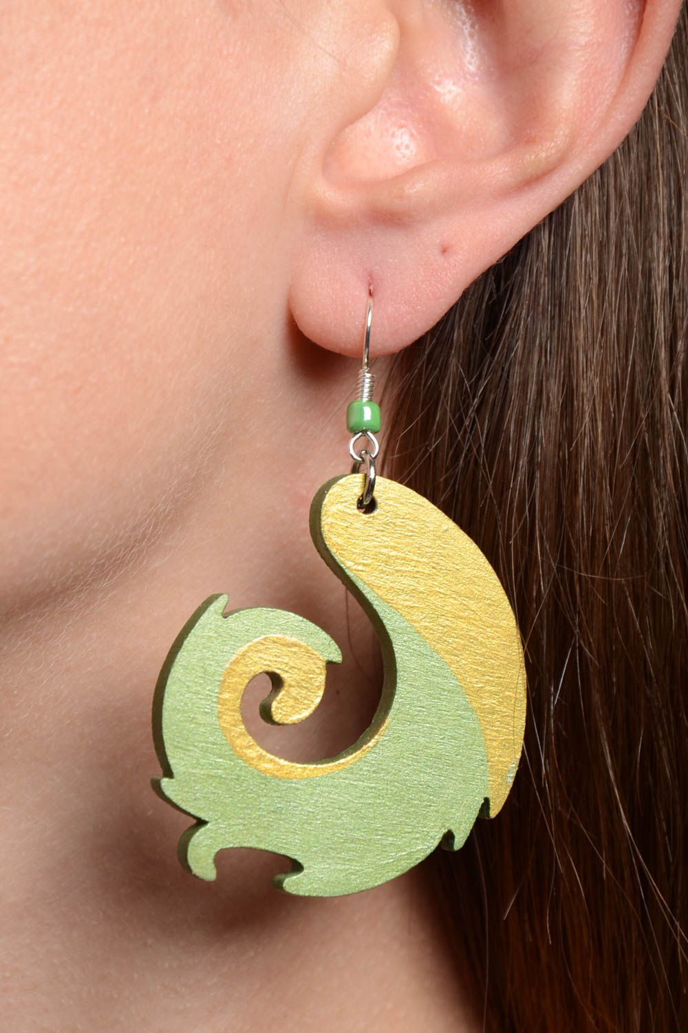 Large handmade designer green wooden eco earrings painted with acrylics photo 2