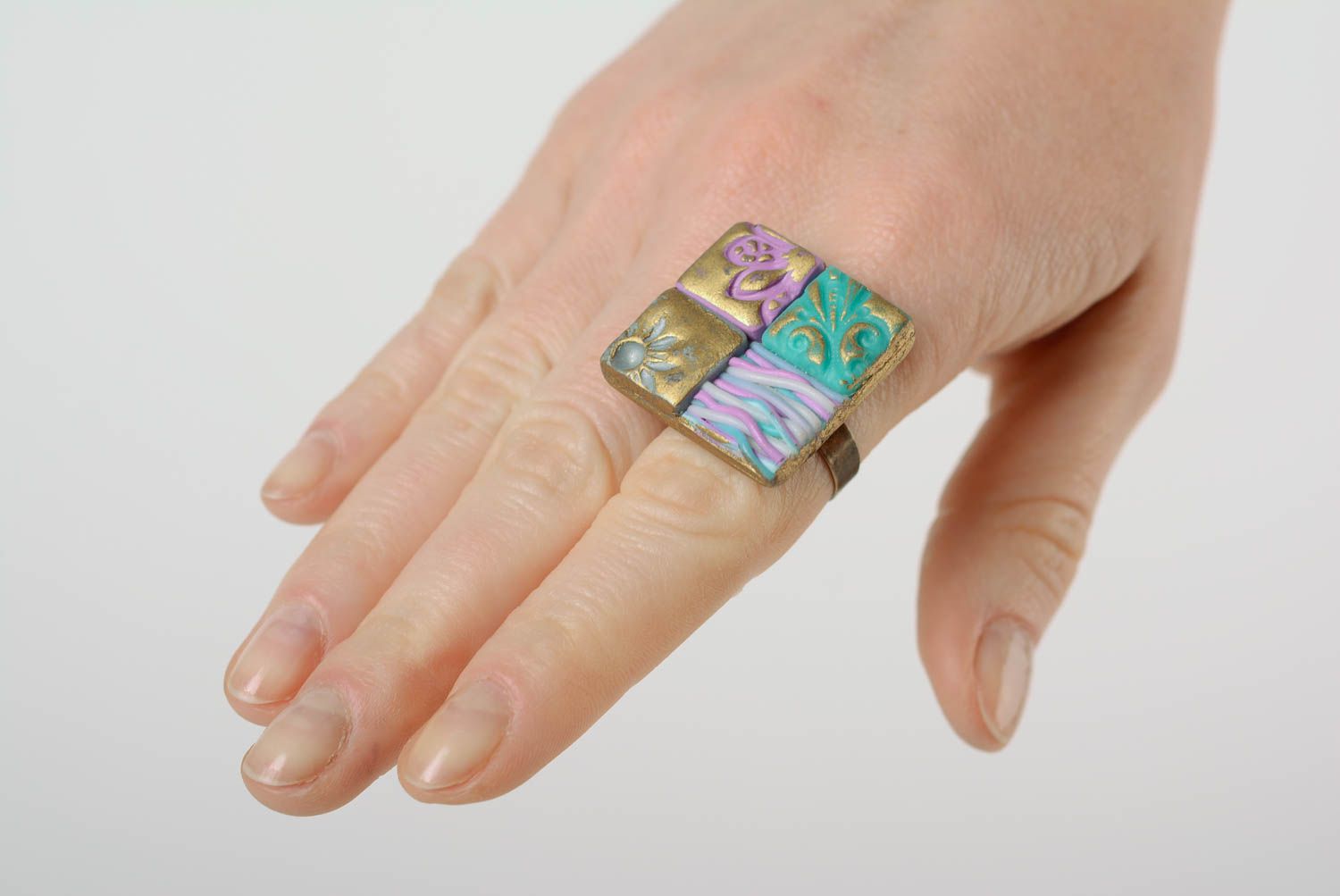 Handmade large colorful polymer clay ring of square shape for women photo 2