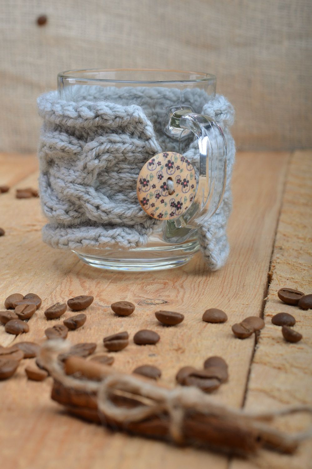 Handmade cup cozy knitted of gray woolen threads with button with floral print photo 5