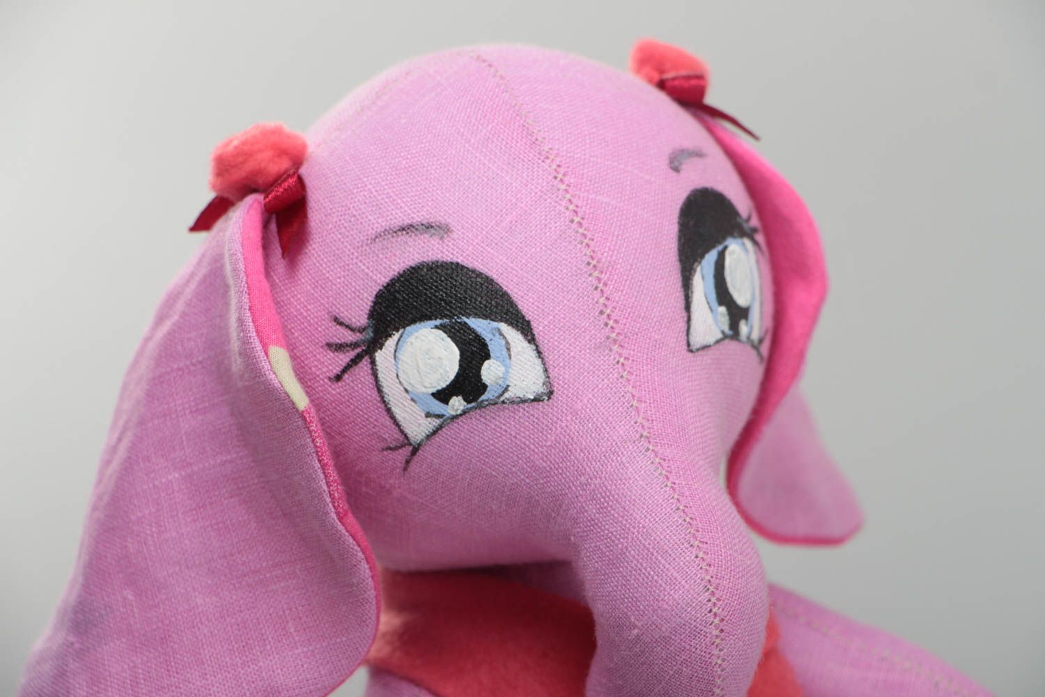 Petite peluche décorative en lin et coton faite main éléphant rose pour enfant  photo 3