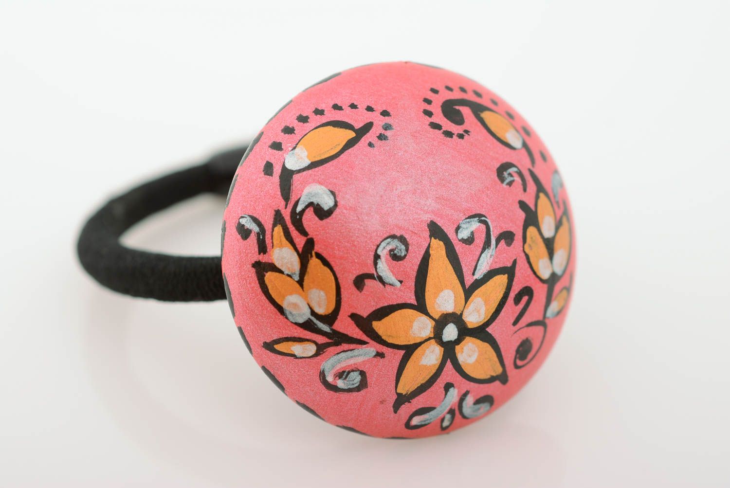 Élastique à cheveux en bois peint à l'acrylique fait main rose à fleurs photo 1