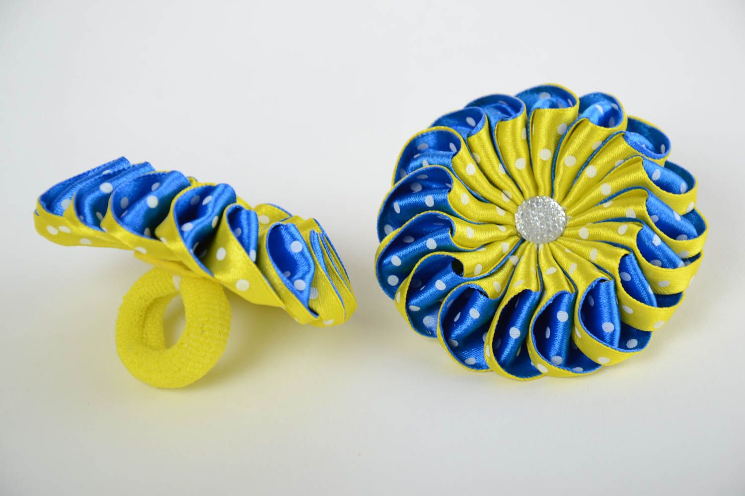 Set of handmade decorative hair ties with volume blue yellow kanzashi flowers photo 2