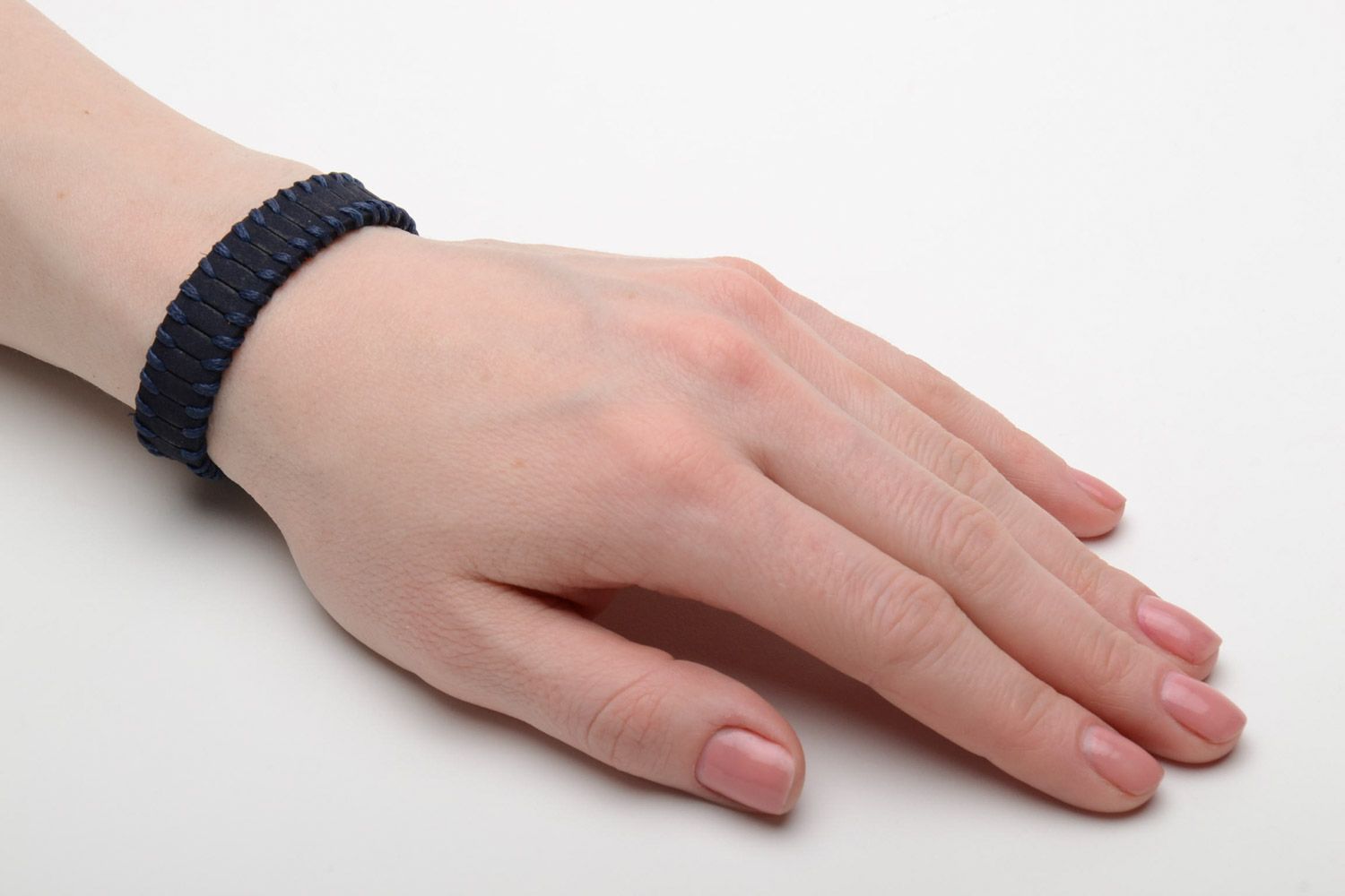 Laconic handmade blue genuine leather wrist bracelet with synthetic cord unisex photo 2