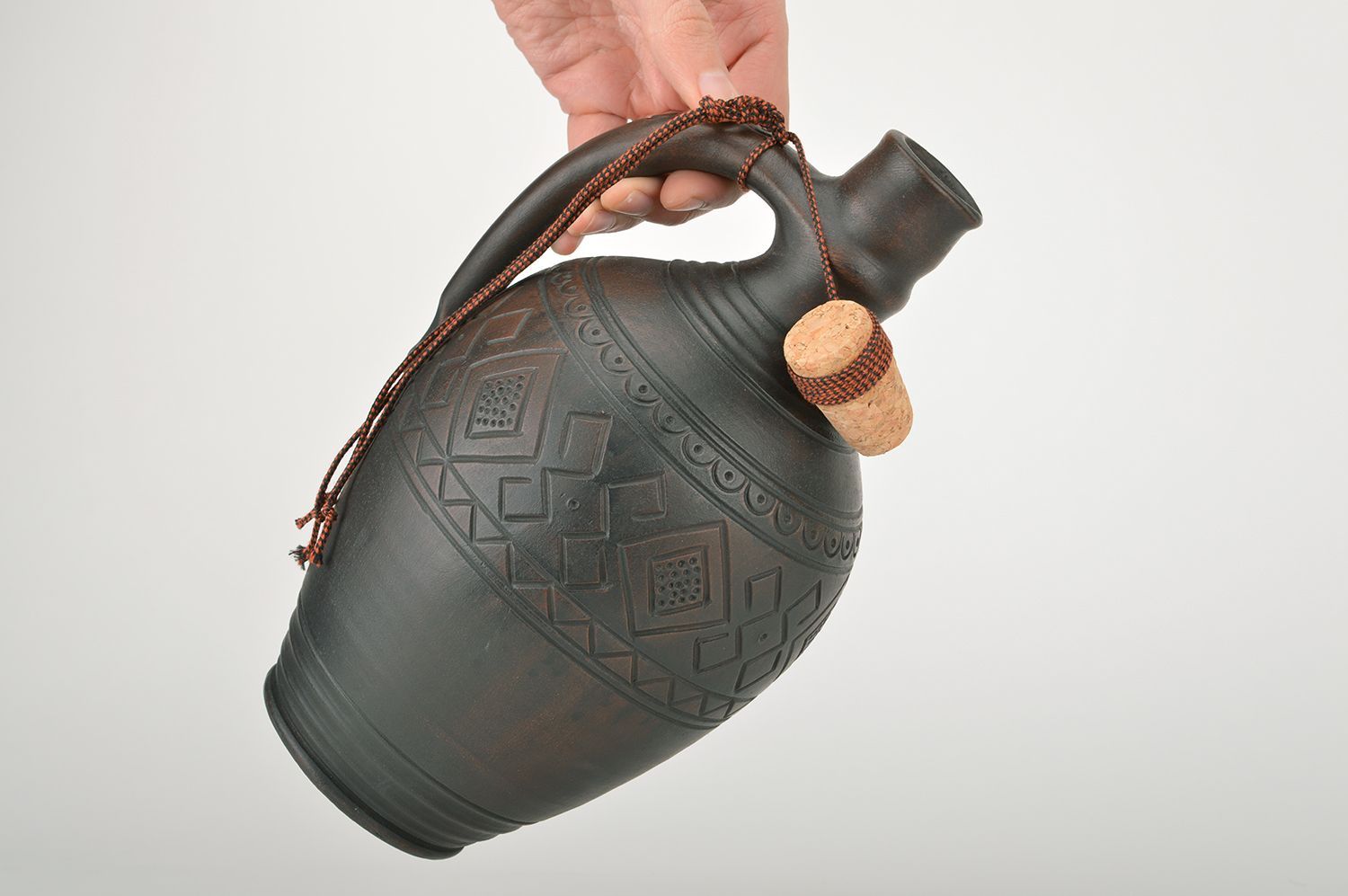 Beautiful handmade designer dark ceramic bottle with cork and ornament 2 l photo 3