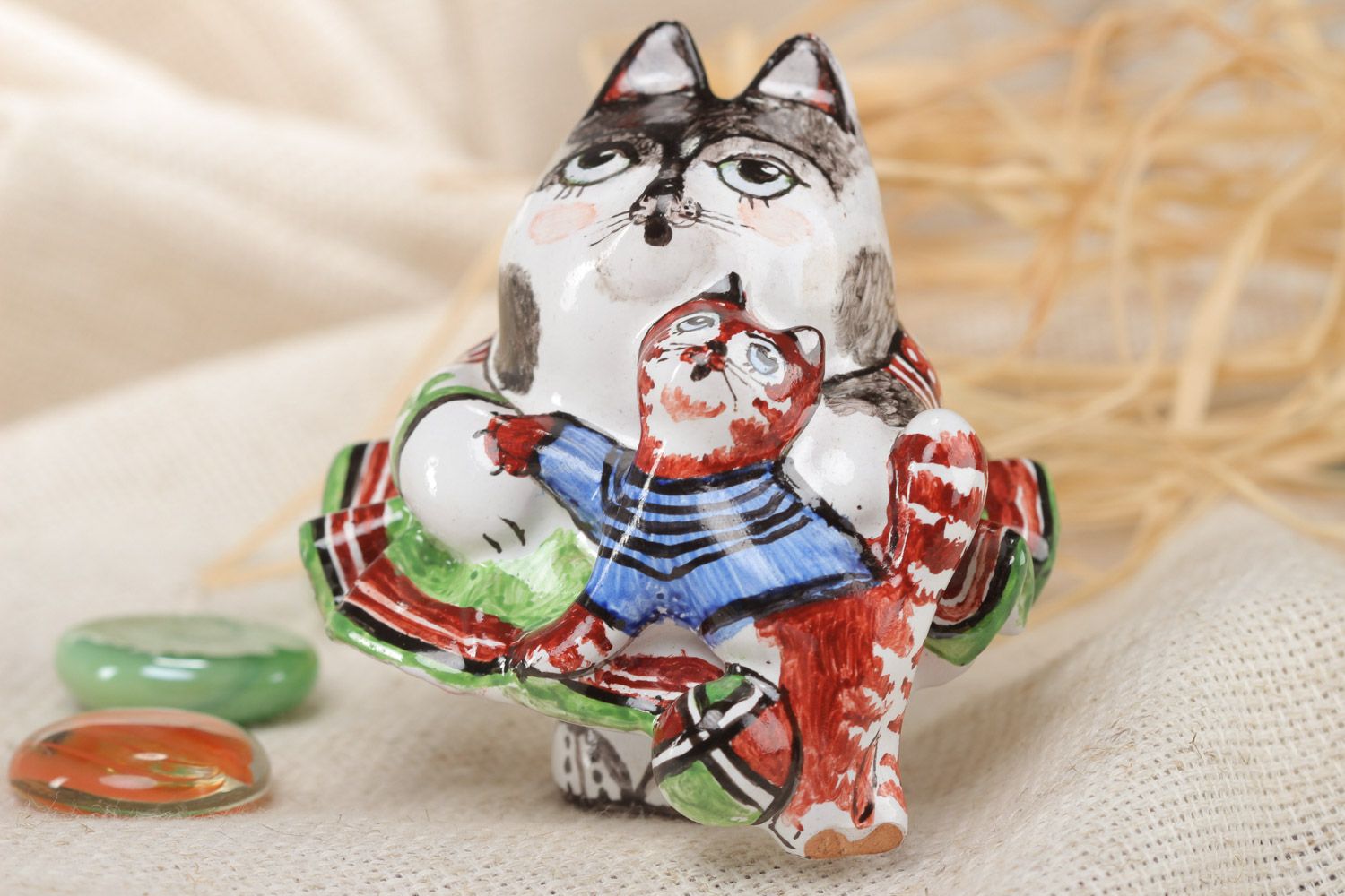 Beautiful small handmade painted clay figurine in the shape of cat photo 1