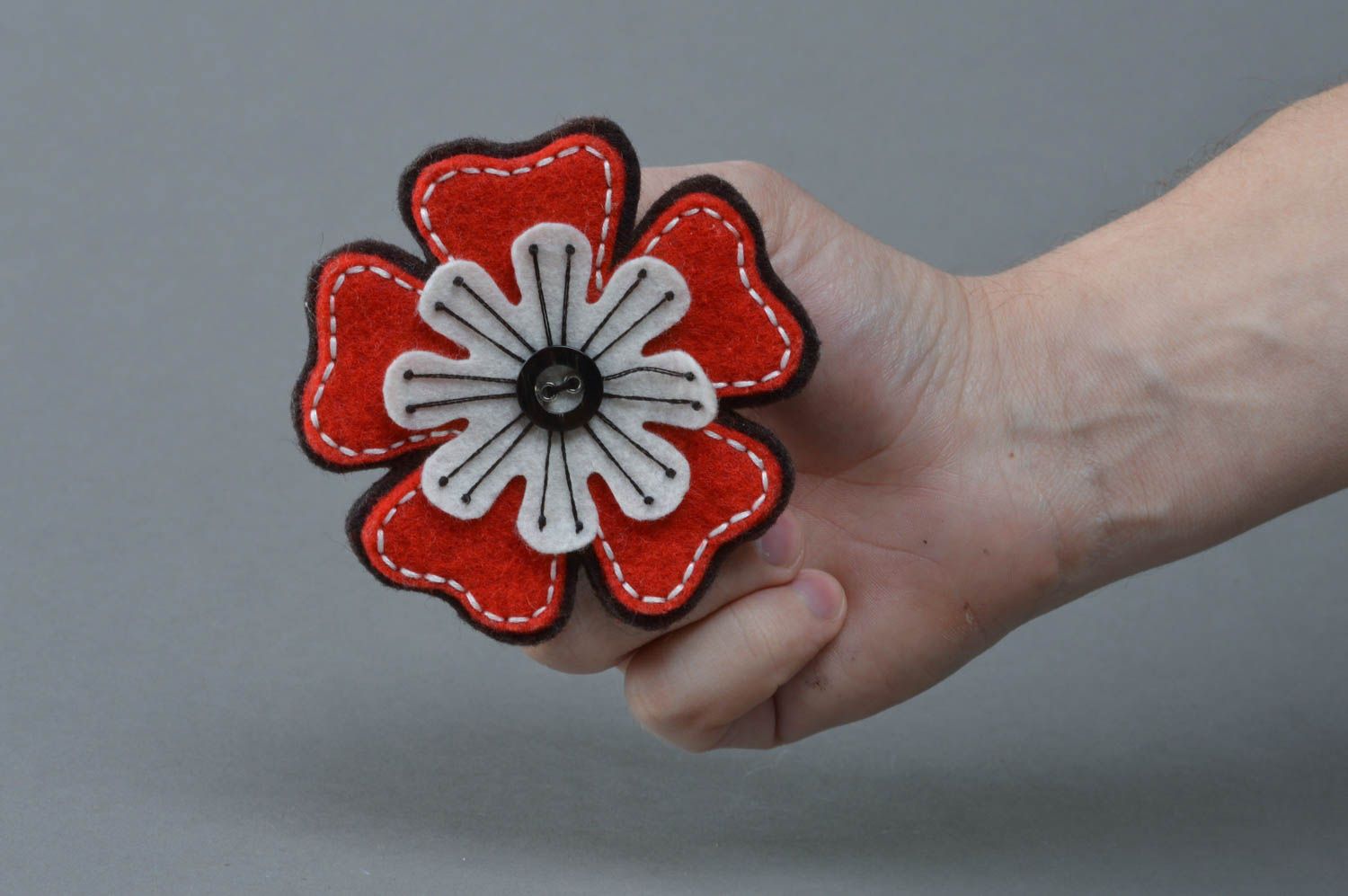 Handmade brooch made of felt red with black and white flower big beautiful accessory photo 4