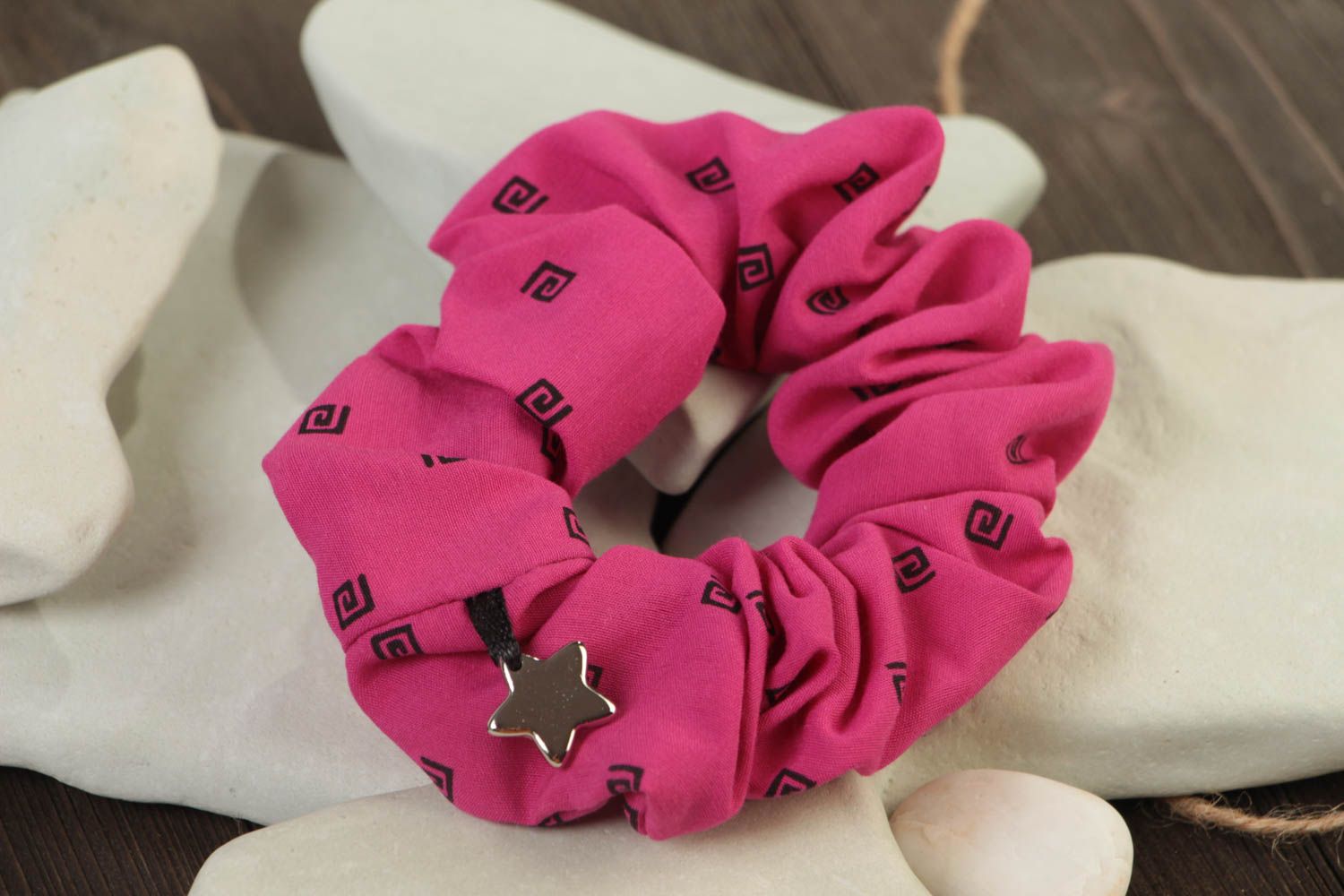 Handmade decorative bright pink fabric elastic hair tie with small charm star  photo 1