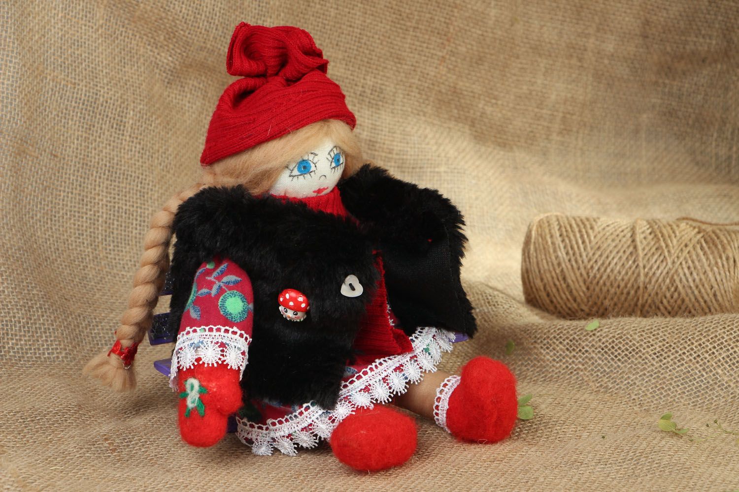 Soft fabric toy Doll in Red Hat photo 5