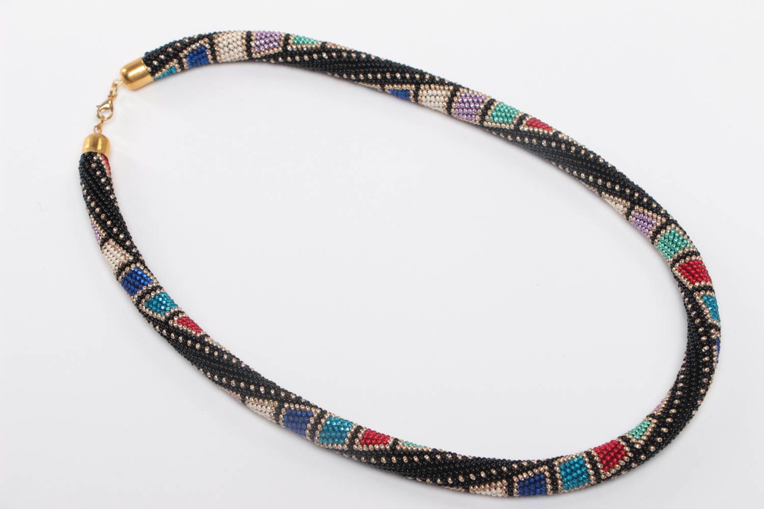 Handmade long designer dark beaded cord necklace with interesting ornament photo 2