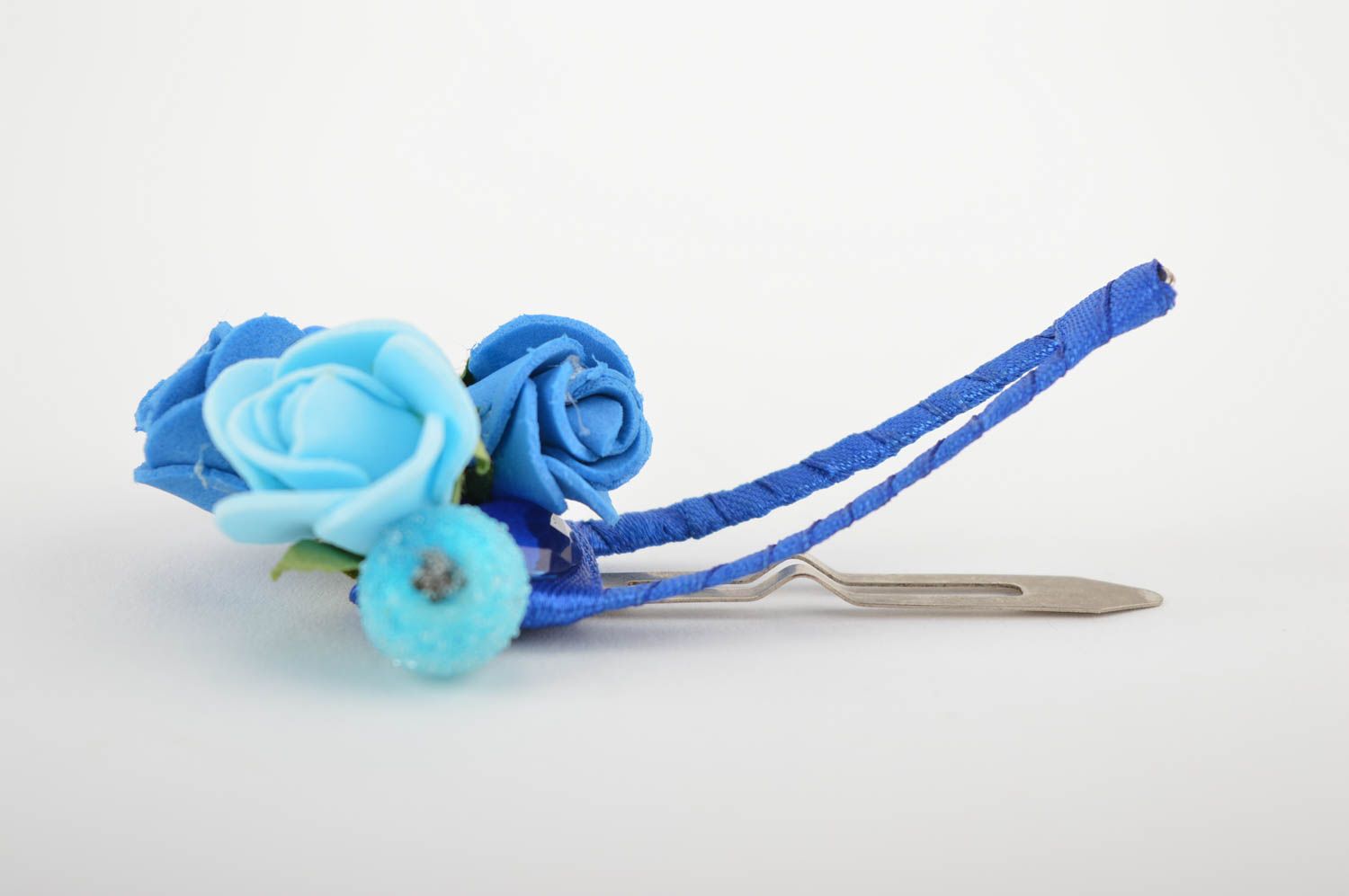 Аксессуар для волос украшение ручной работы заколка с цветами голубыми и синими фото 3