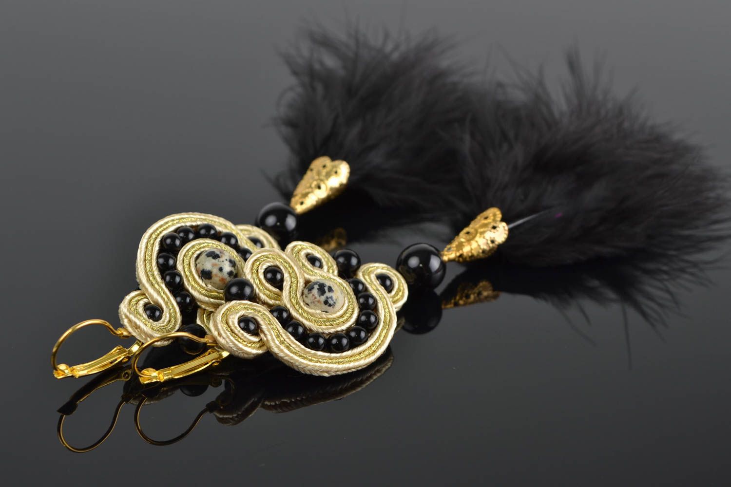 Handmade designer long soutache earrings with natural stones and feathers photo 1