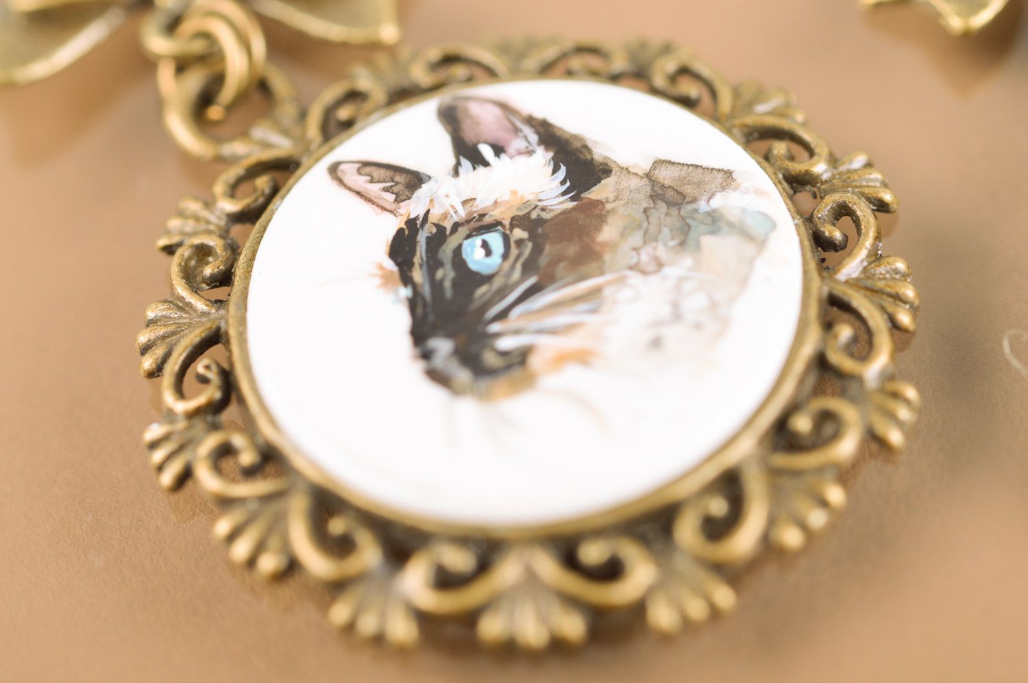 Long handmade metal earrings with miniature painting Siamese Cats photo 4
